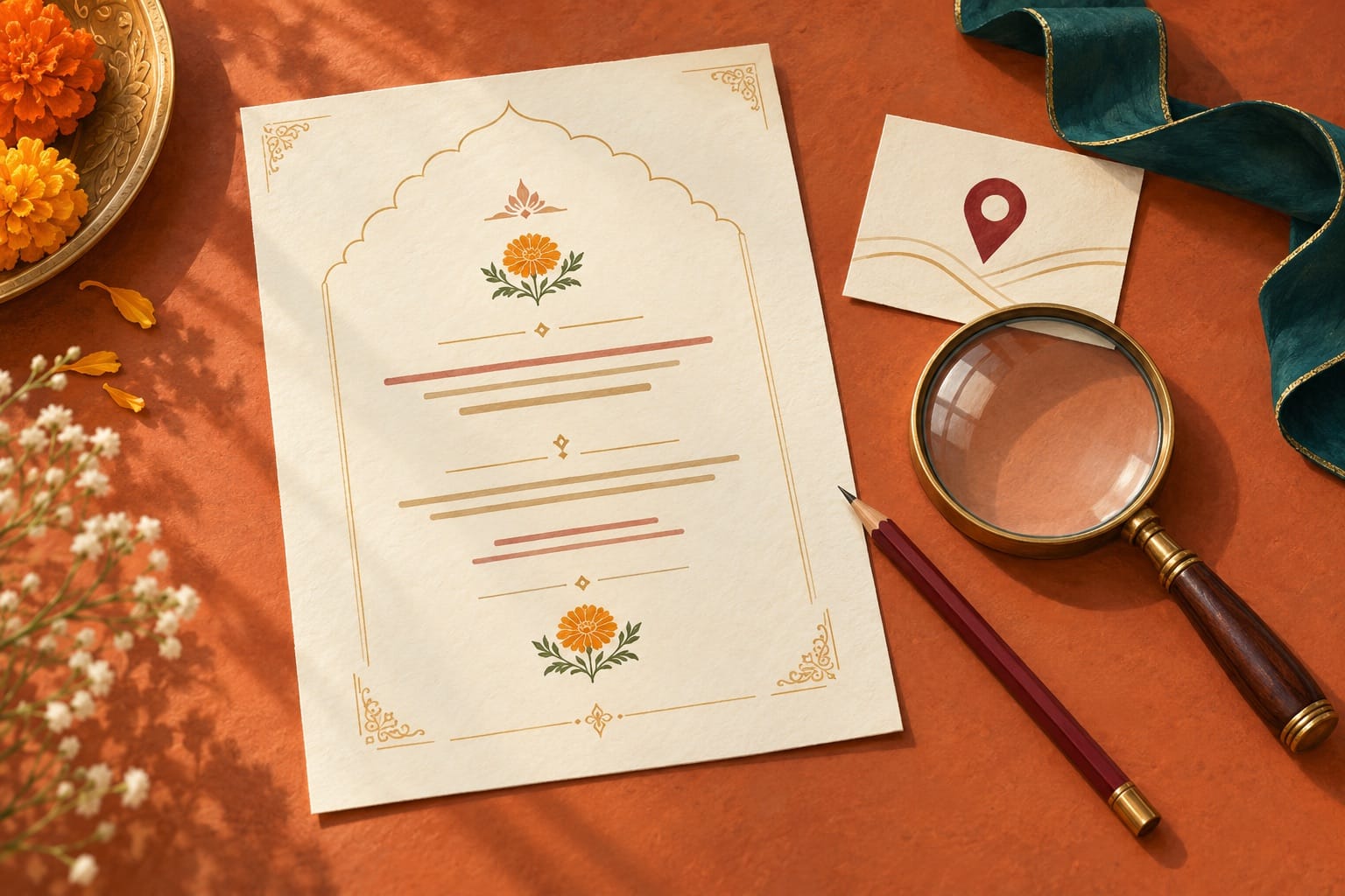 An Ayodhya Wedding Invitation Proof: Names, Dates and Venue Pins